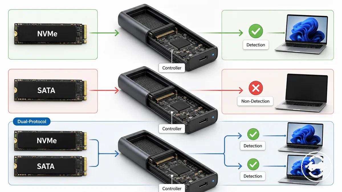 Gráfico comparativo do suporte a NVMe, SATA e protocolo duplo em case para SSD M.2