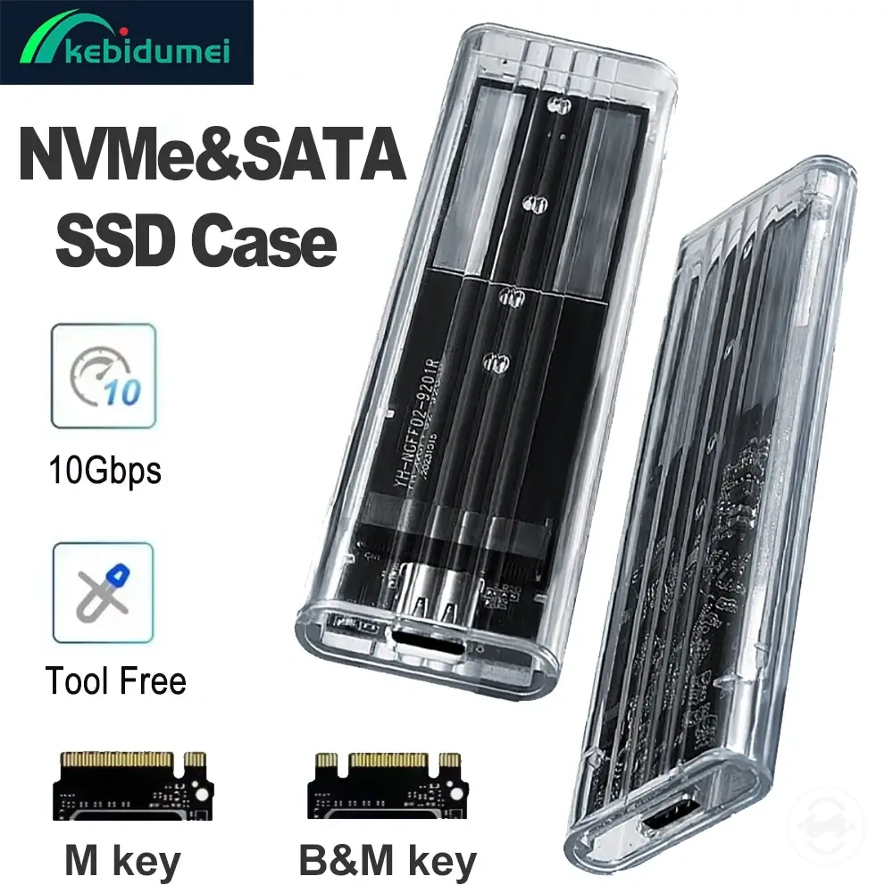 2230, 2242, 2260 ve 2280 sürücüler için şeffaf aletsiz M.2 NVMe ve SATA SSD kutusu