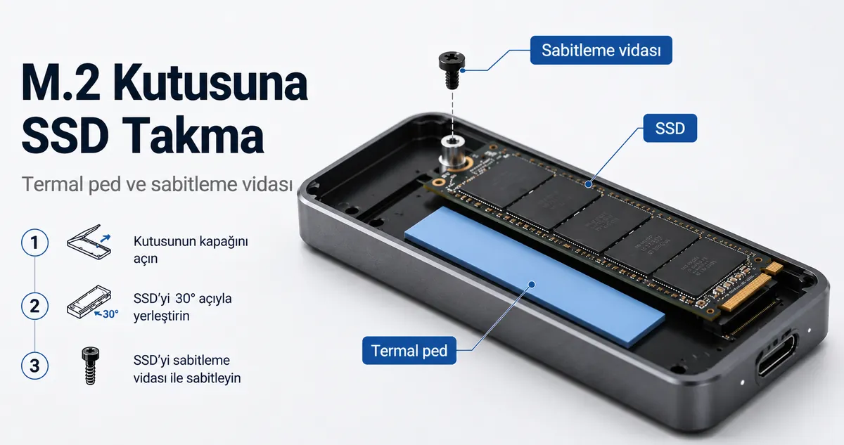 Termal ped ve sabitleme vidası görünürken M.2 SSD kutusuna takılan SSD