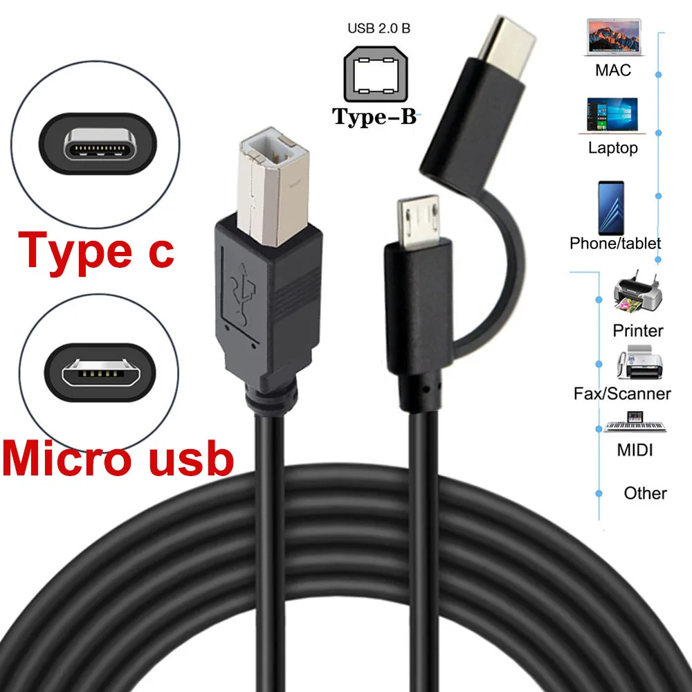 Câble Micro USB 2.0 + Type-C Mâle vers USB 2.0 Type-B Mâle OTG